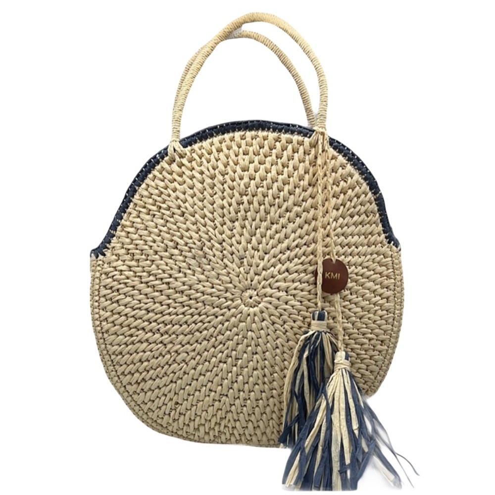 Mark & Graham Cream and Blue Round Straw Woven Tote Resort